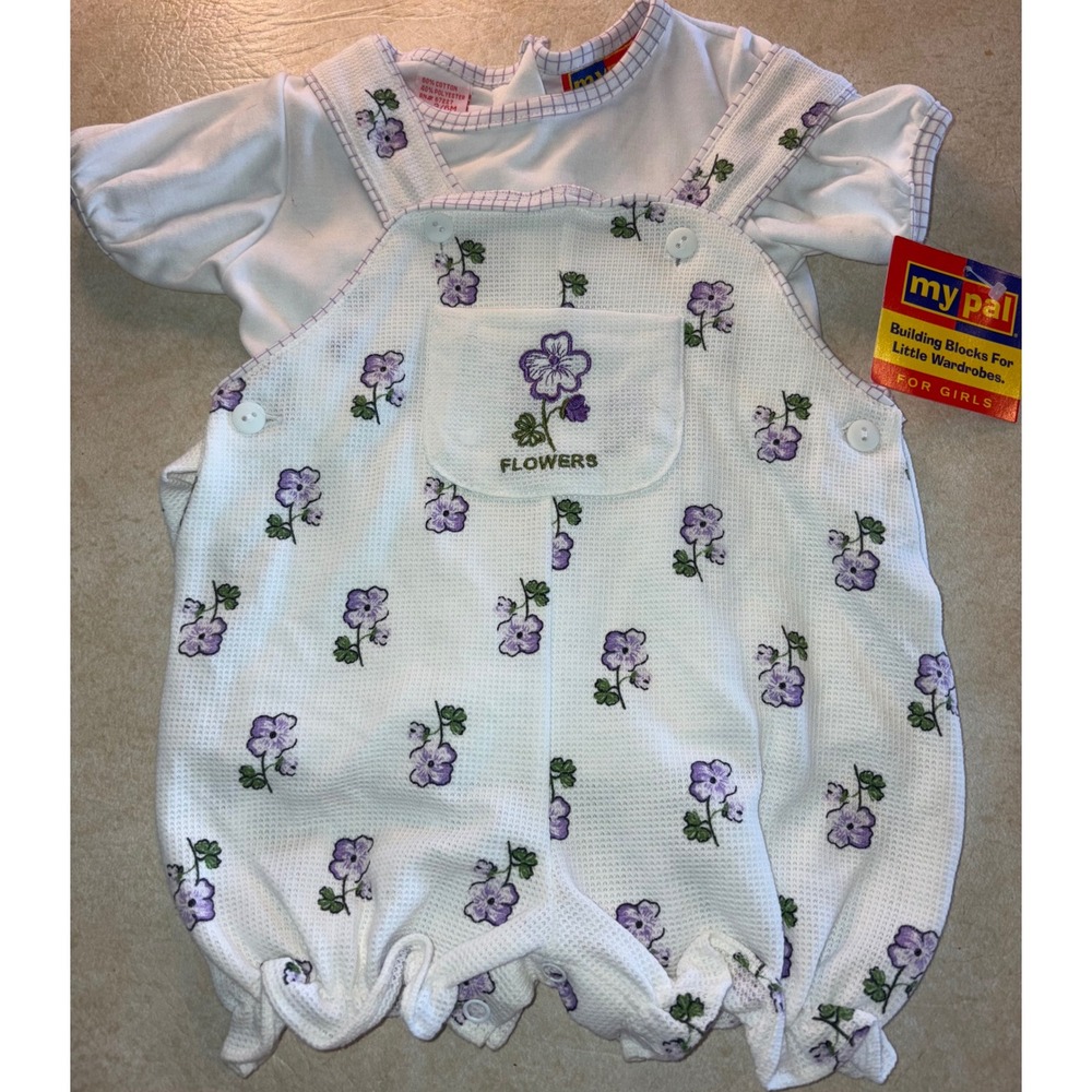 Vintage My Pal‎ Girls Romper Outfit, Floral, White Purple, 3/6M NWT PLS READ